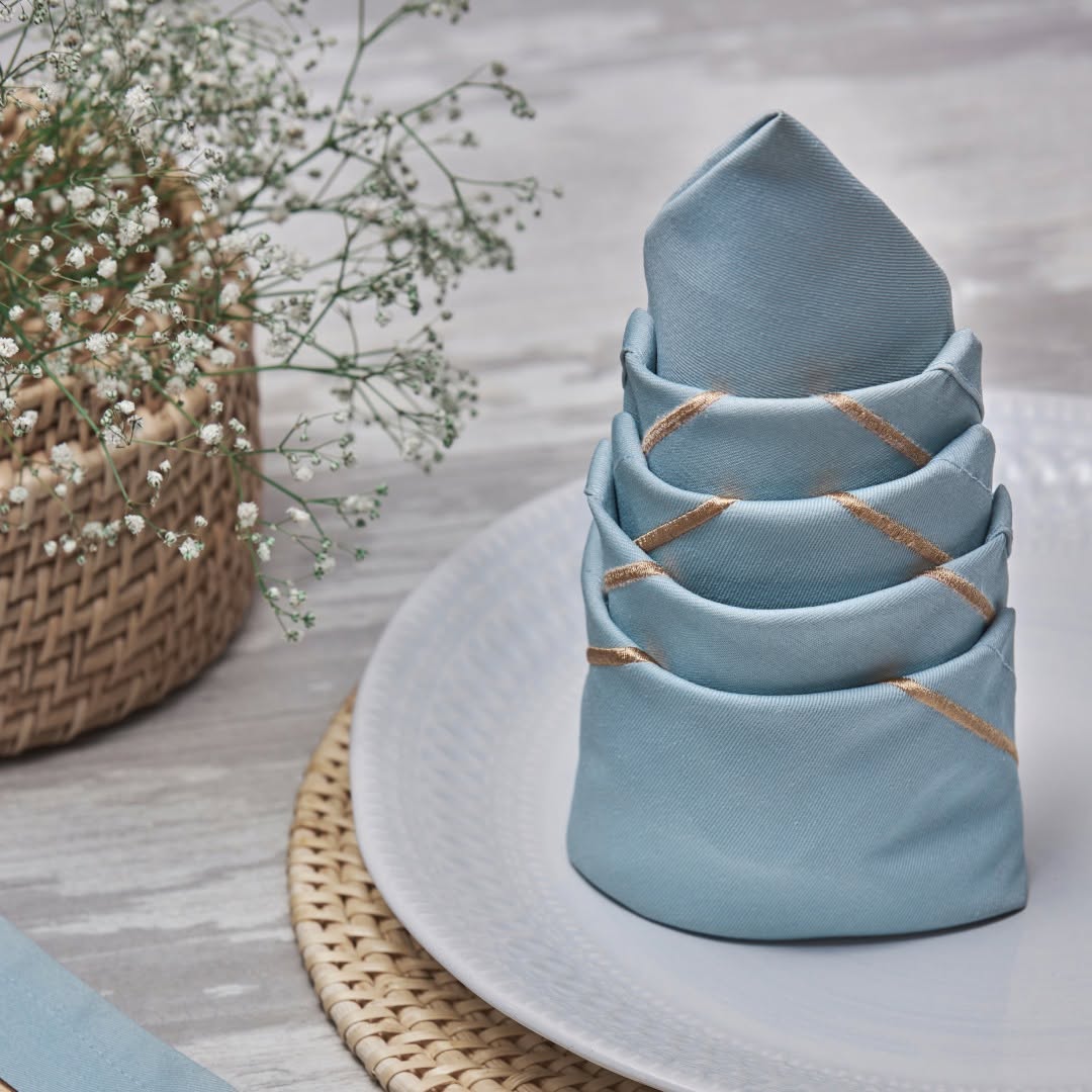 Blue Melchiah napkins with champagne borders arranged on a table setting