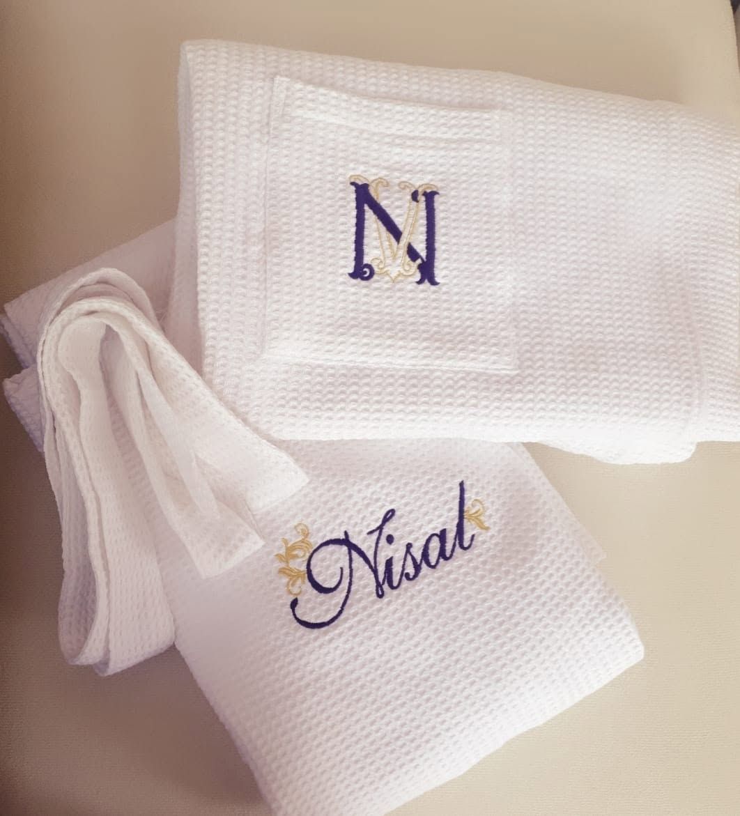 White waffle-weave Melchiah robe personalised with a name and monogram
