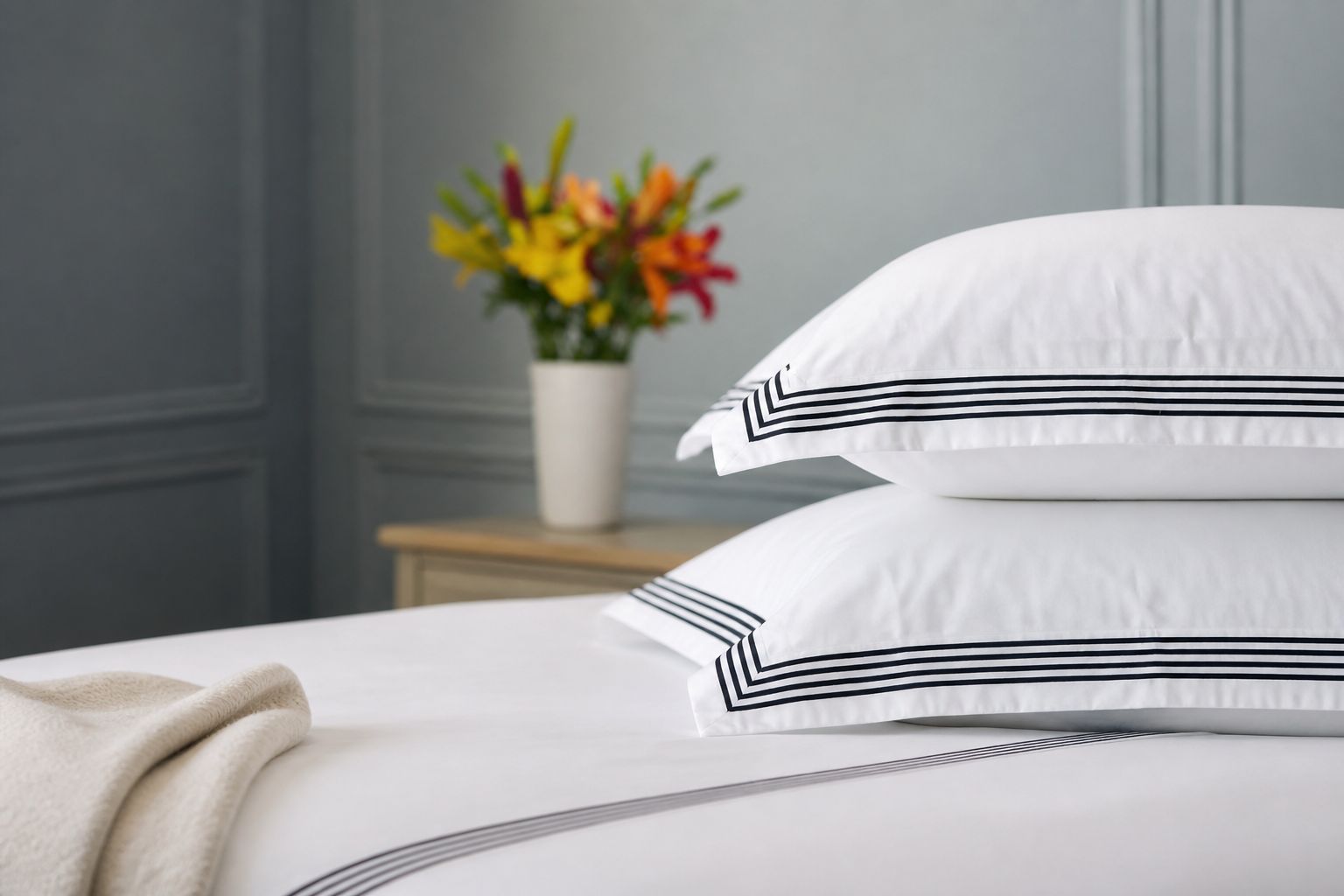 White Melchiah bedding finished with a tailored striped border