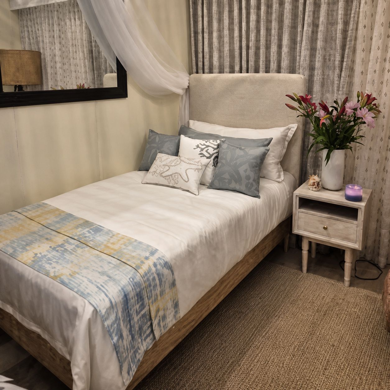Styled Melchiah bedroom with coordinated bedding and interiors