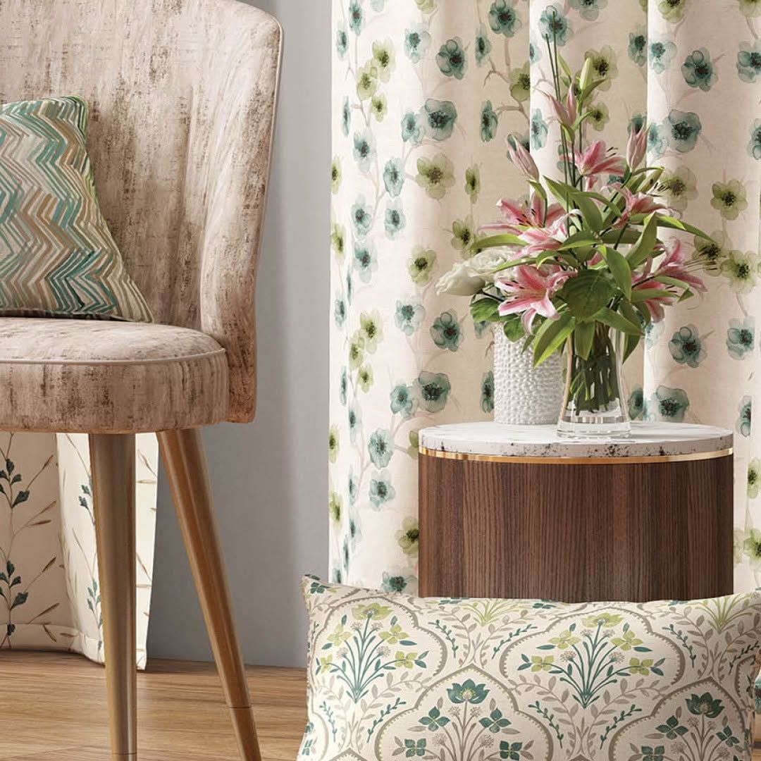 Melchiah curtain in a light floral vine print styled with warm wood tones