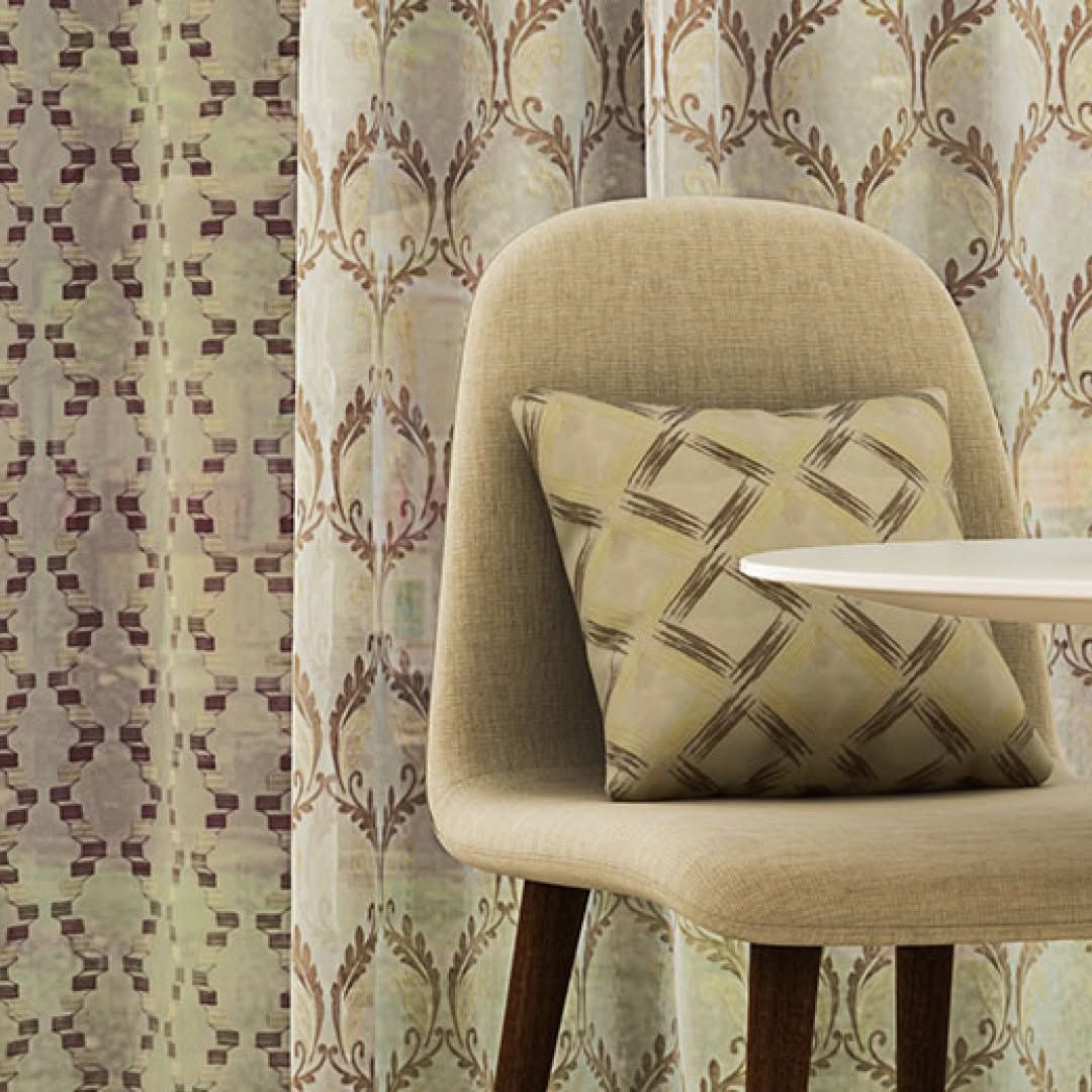 Neutral Melchiah curtain in a quiet leaf print styled near a dining chair