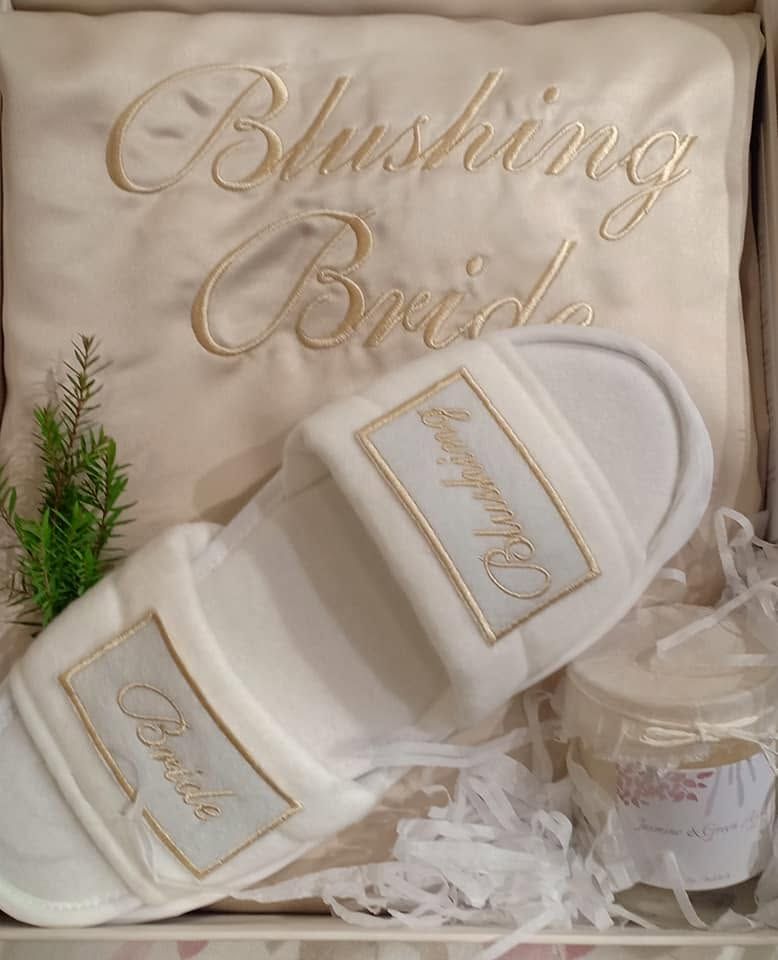 Personalised Blushing Bride slippers presented in a satin gift box