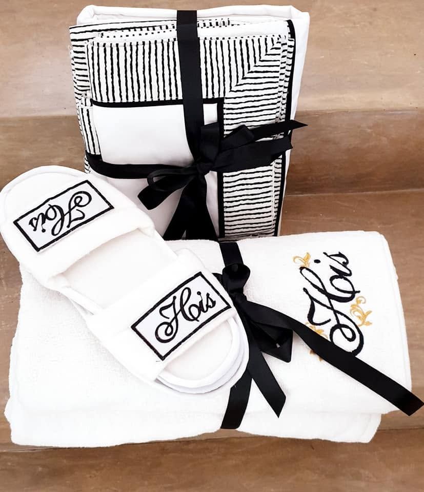 Monogrammed His and Hers Melchiah slippers and towels gifted as a pair