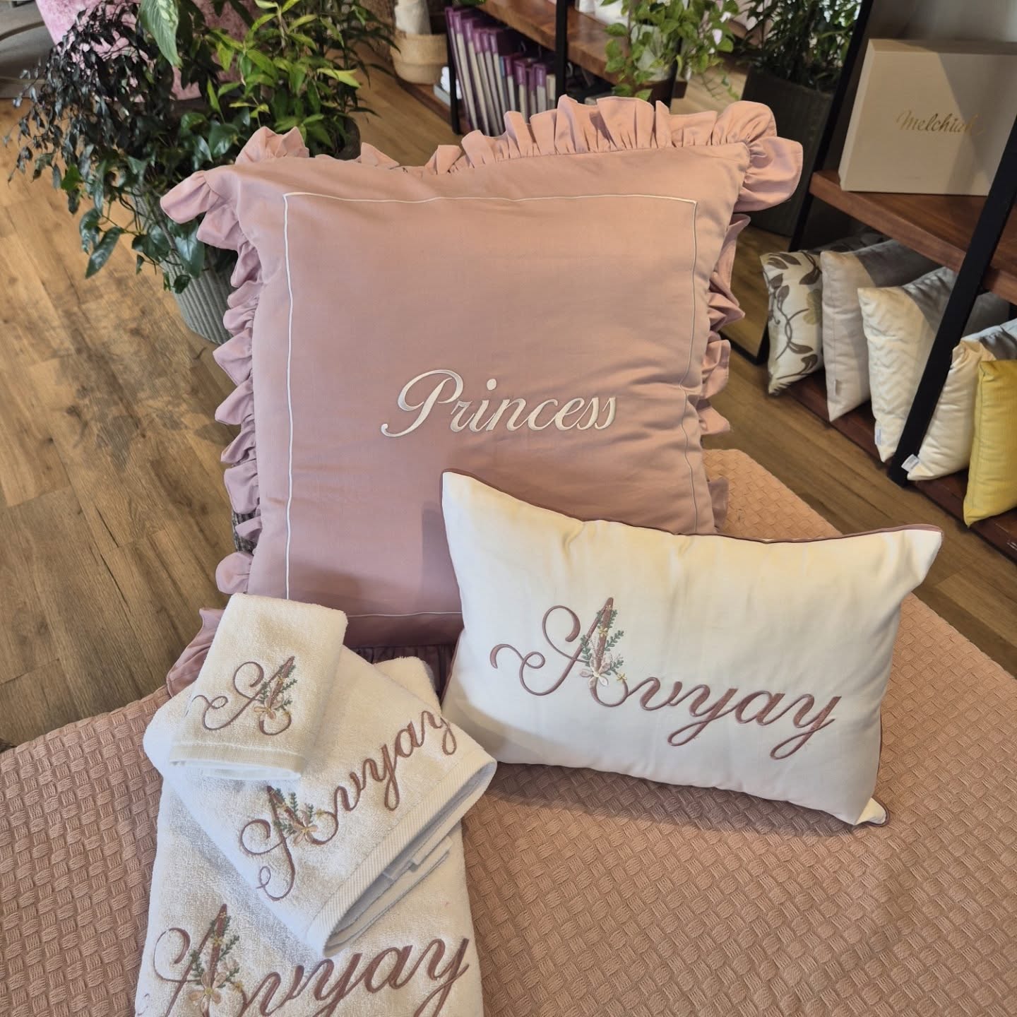 Melchiah personalised princess cushion, embroidered name cushion and matching monogrammed towels