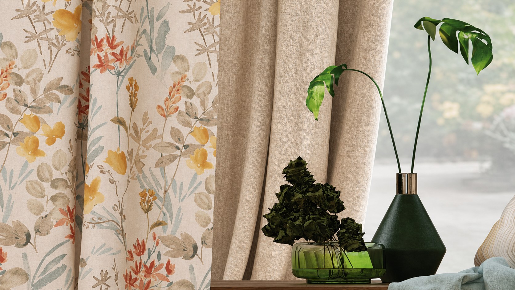 Melchiah floral-print and plain woven curtains styled with a dark vase, potted greenery and a wooden ledge